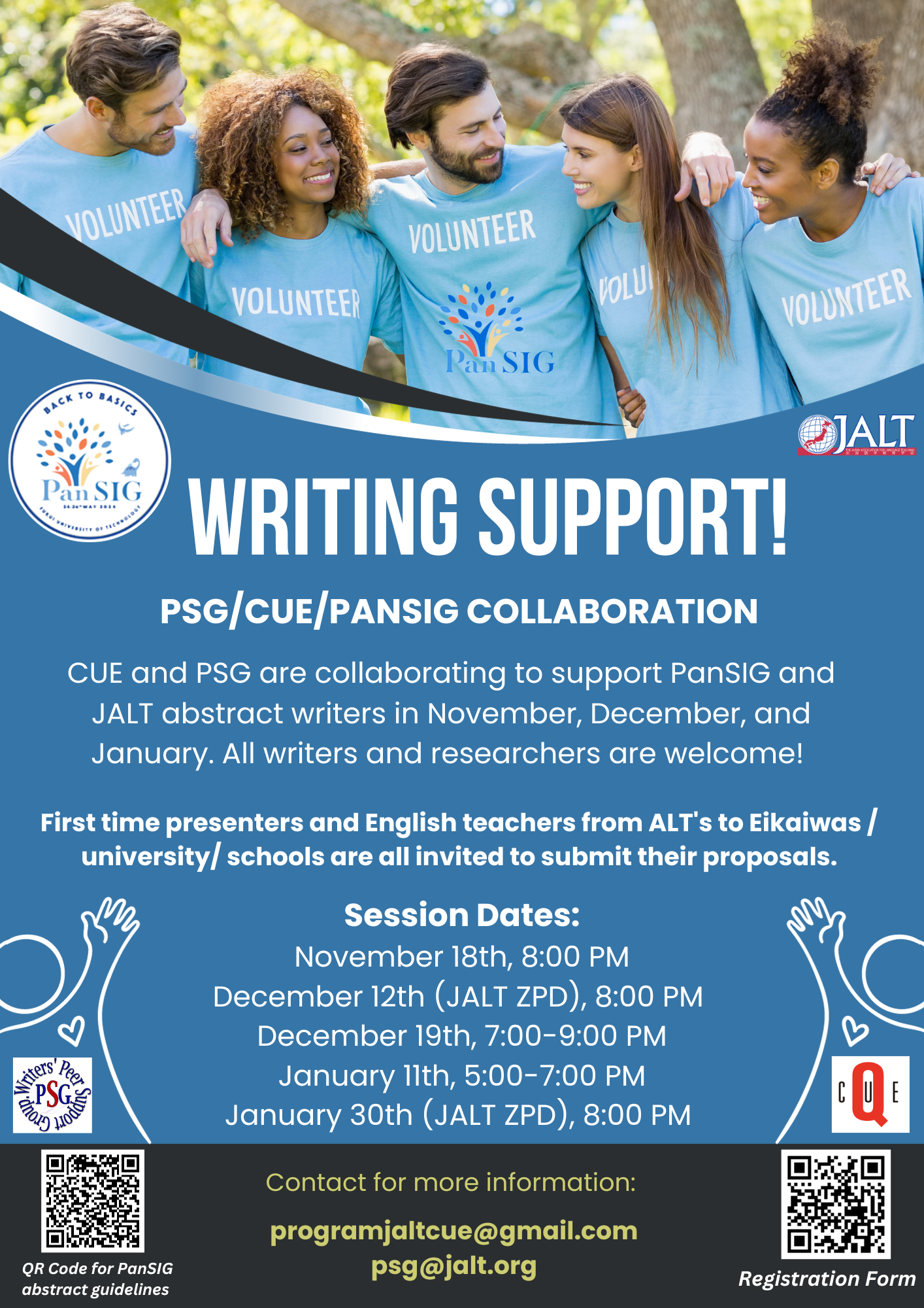 Poster for abstract writing support meetings sponsored by peer support group and the college and university educators special interest group. Events are on November 18th, December 12th, December 19th, January 11th, and January 30th