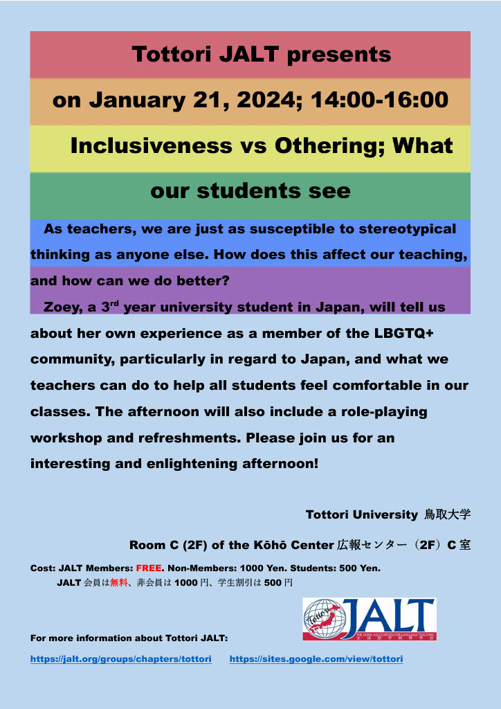～ Tottori JALT Presents ～  JANUARY 21, 2024 from 2PM at Tottori University! ENG
