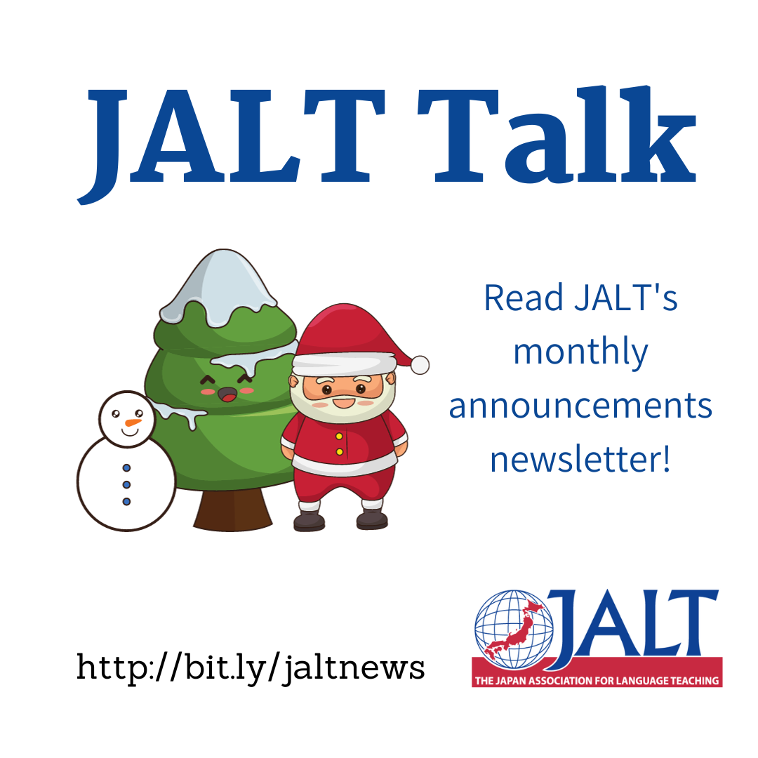 JALT Talk (image of Japanese Santa, Christmas tree and yuki daruma